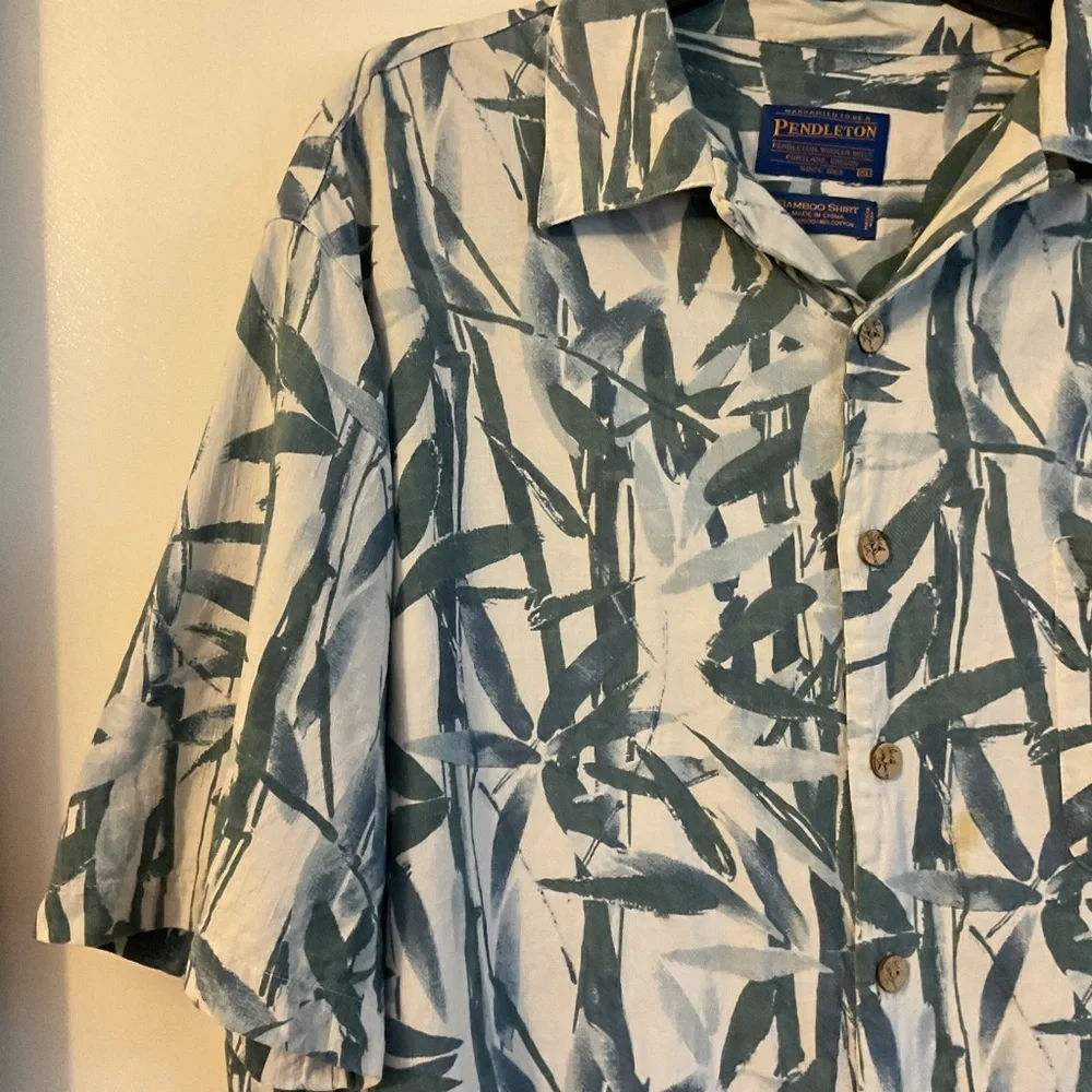 Pendleton XL Mens Bamboo Hawaiian Shirt Blue White Leaf Print Short Sleeve Aloha